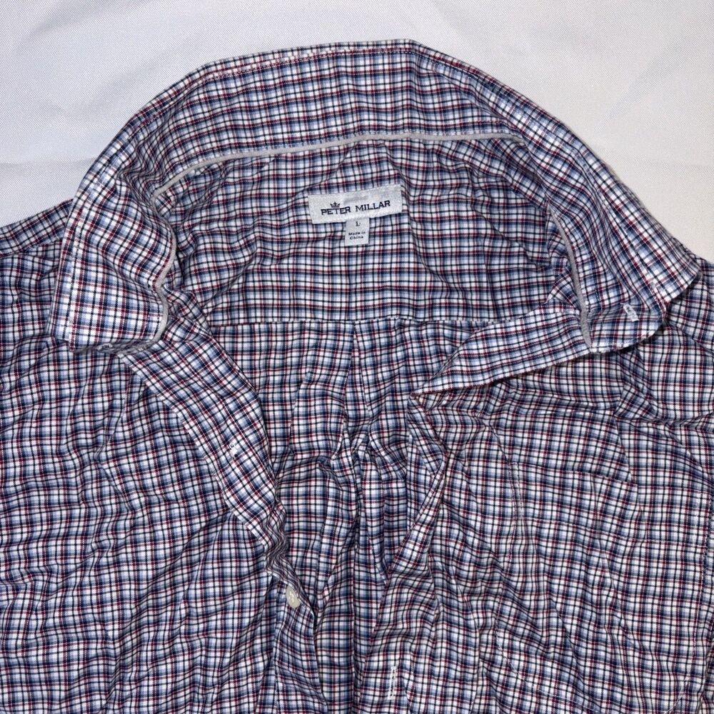 Peter Millar Men’s Button Down Long Sleeve Navy/Red Plaid Dress Shirt Size Large